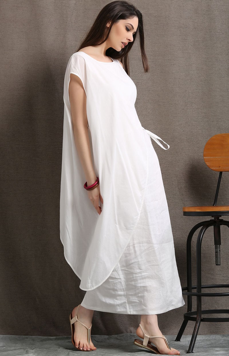 White Linen Layered Dress Loose-Fitted Feminine Casual