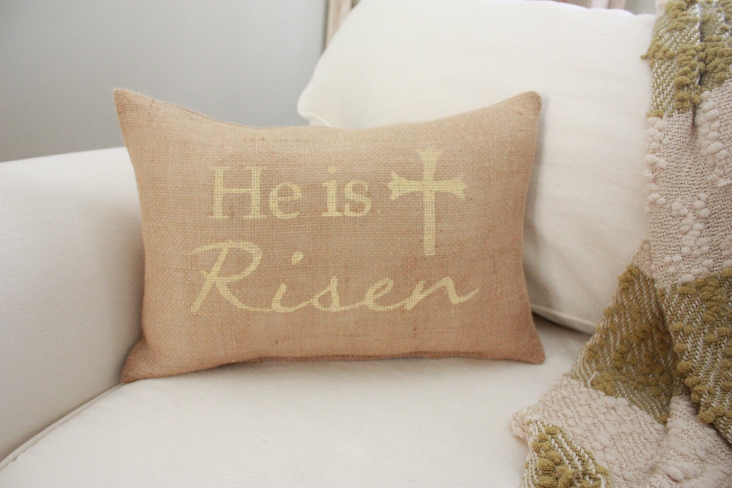 Burlap Pillow / Easter Pillow Religious Pillow He Is Risen
