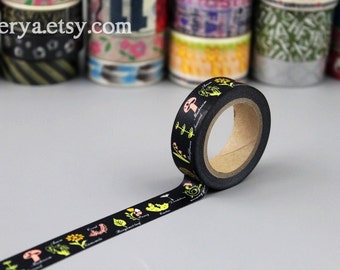 Washi Tape - Japanese Washi Tape - Masking Tape - Deco Tape - Washi Paper - Filofax - Black - Flower