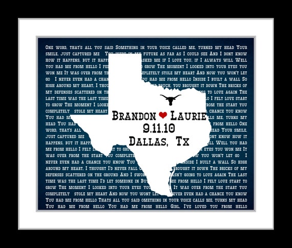 Texas song lyric art print first dance lyrics with state texas