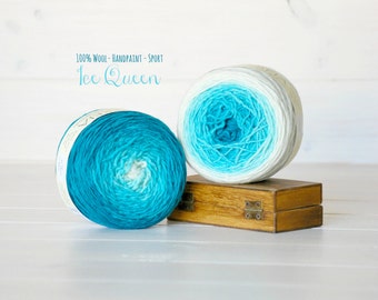 2 Hand Dyed Yarn Balls - 100% Wool - Color: Ice Queen Ombre - 1Ply Sport Yarn - Colorful Soft Yarns by Freia - 2 Balls - Teal Ombre Yarn