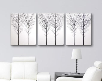 3 Piece Wall Art Painting Canvas Art Tree Wall Decor Tree Paintings Black and White Art Trees Home Decor Ideas 48"x20" Large Painting