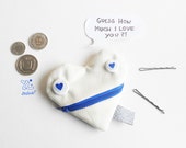Small coin purse heart shaped white blue | Zé love letter glutton: funny coin purse | fabric zippered purse | small card case | unique gift