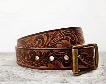 Tooled Leather Belt, Genuine Leather