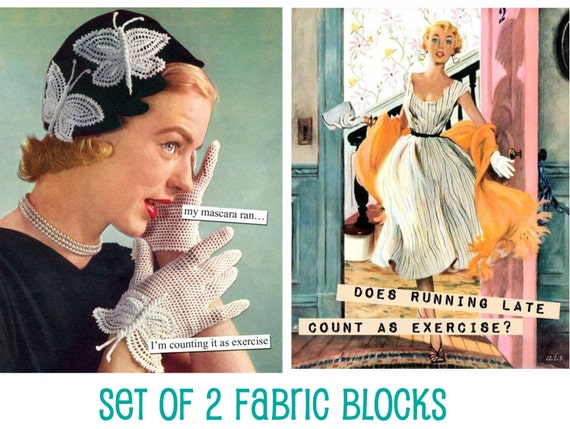 Set of TWO Retro Sarcastic Exercise Sayings Fabric Blocks