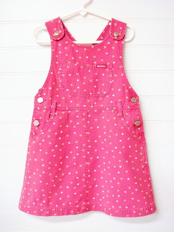 Vintage Girls Dress Pink Denim Floral Jumper With buttons at