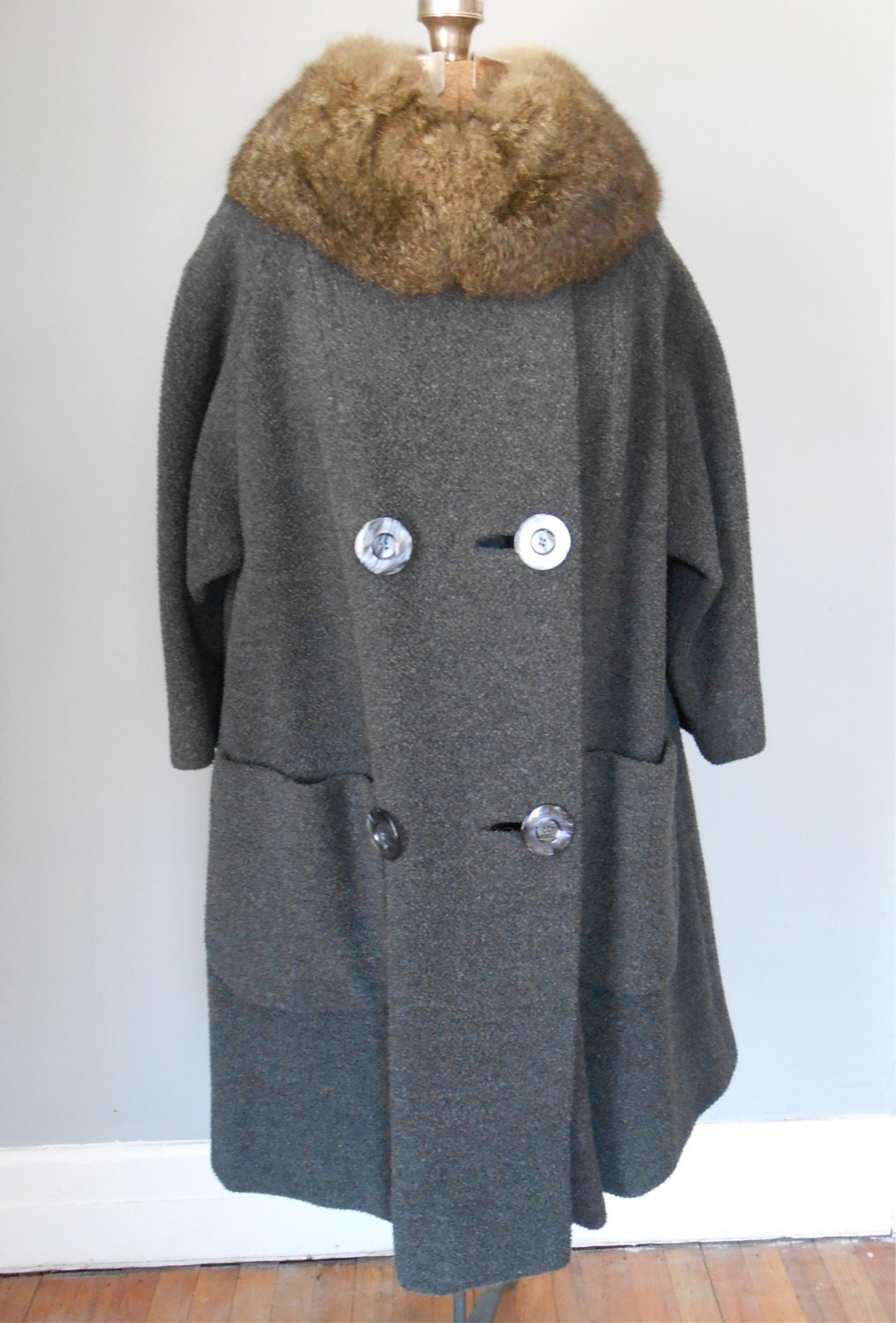 1960s Wool Swing Coat Charcoal Fleece Fur Collar Mod Mid