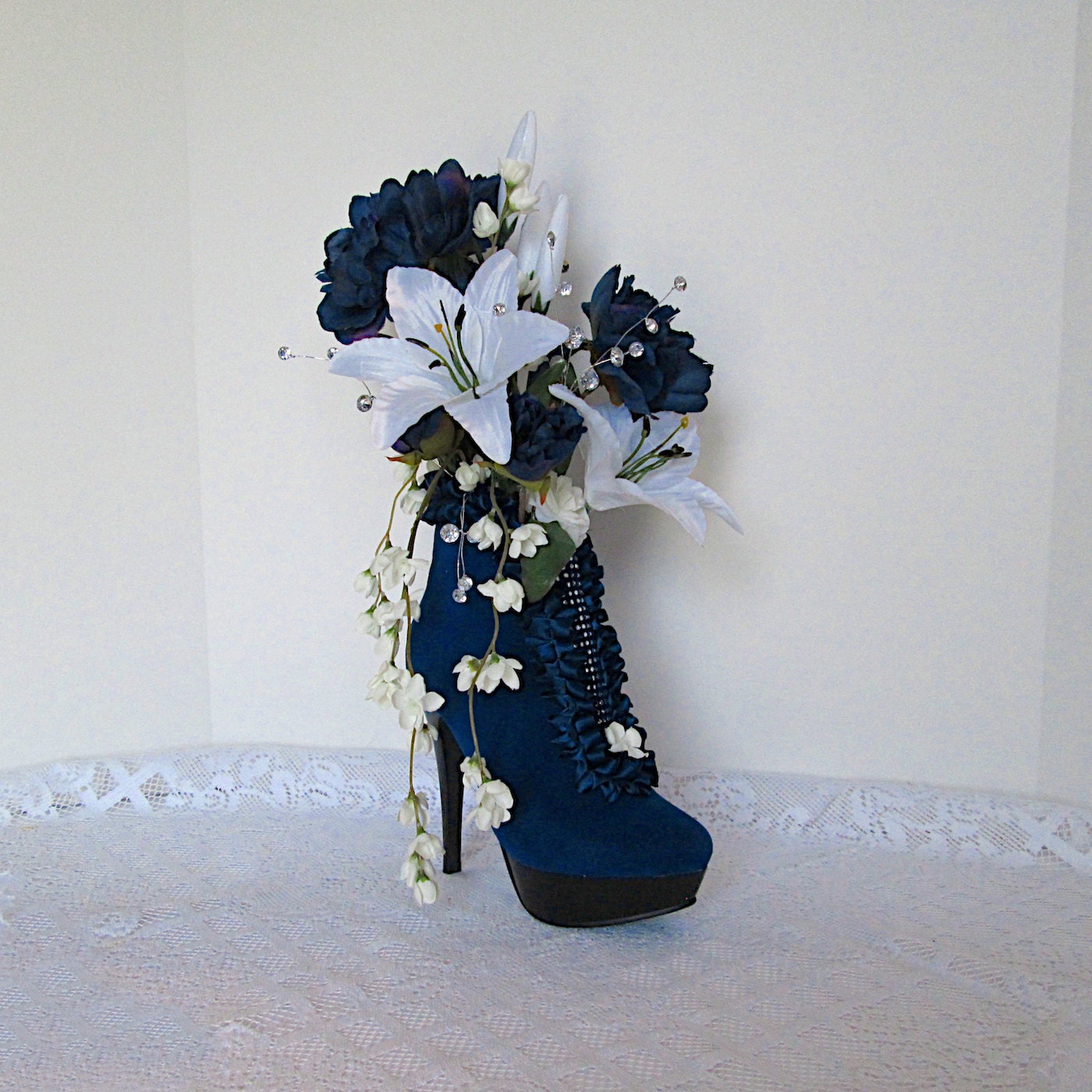 Blue Velvet High Heel Shoe Vase with Blue Peonies and White