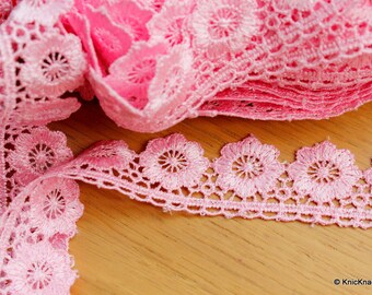 Pink Embroidered Flower Lace Trim Ribbon Approx 32mm wide - 02L292