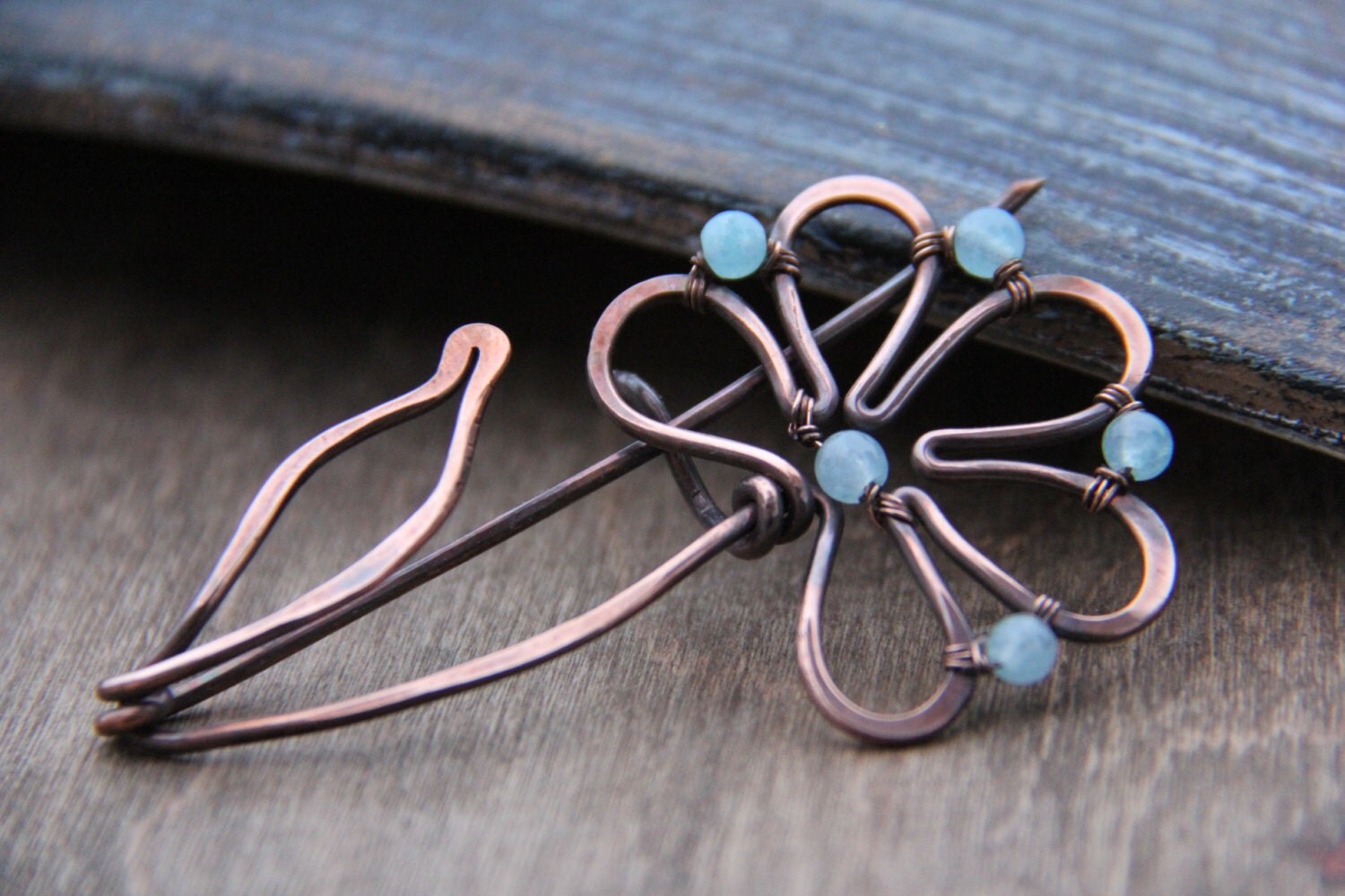 Shawl pin scarf pin brooch Copper and aqua quartz flower