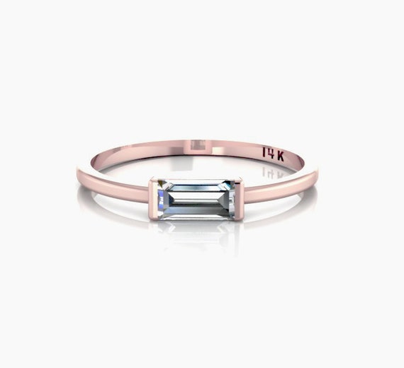 SOLID 14K Rose Gold Tiny Horizontal Baguette Ring Sideways Baguette Crystal