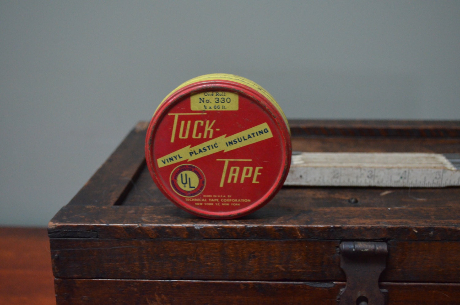 Tuck Tape Vintage Tin Red Yellow Round Collectible Tin Mid century