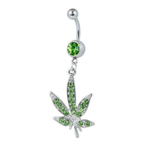 Dangling Marijuana Leaf Belly Ring with Green CZ Accent 14G