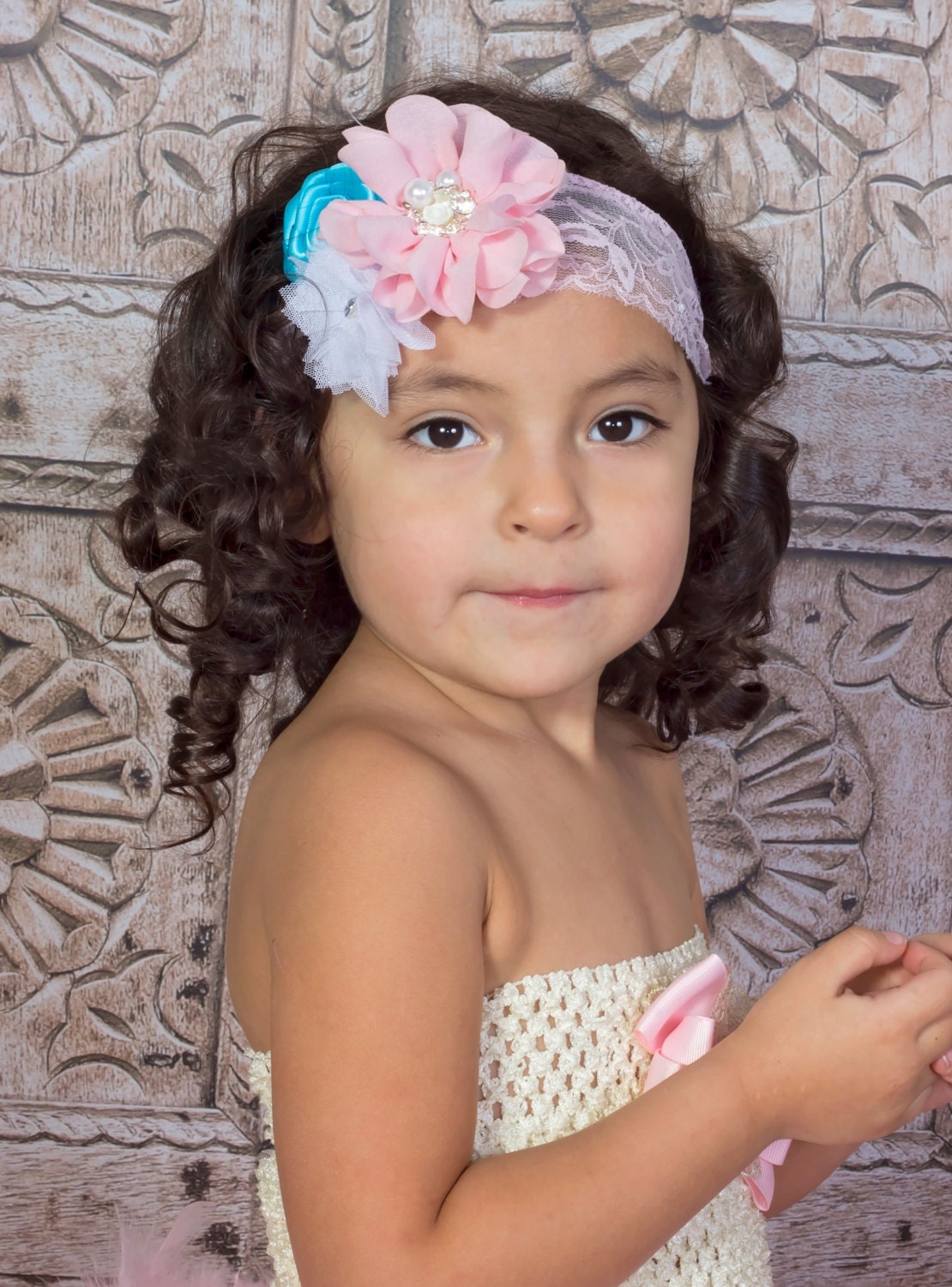 Pink Turquoise Headband, Flower Girl Headband, Pink Blue White Headband