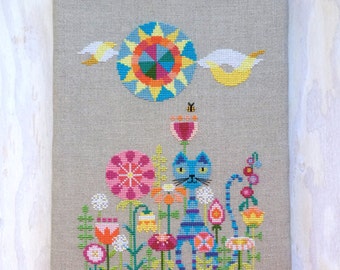 Garden Cat - Satsuma Street modern cross stitch pattern PDF - Instant download