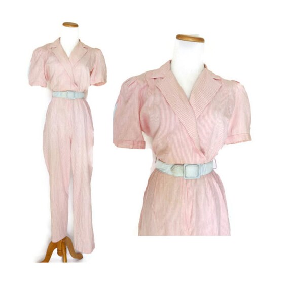 80s Jumpsuit / Pastel Striped Jumpsuit / Pink Playsuit / Puff