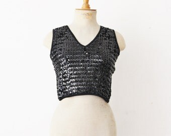 80s sequin crop top by Saks Fifth Avenue, designer black sequinned tank top, party evening vest / Débardeur noir sequins brillant années 80