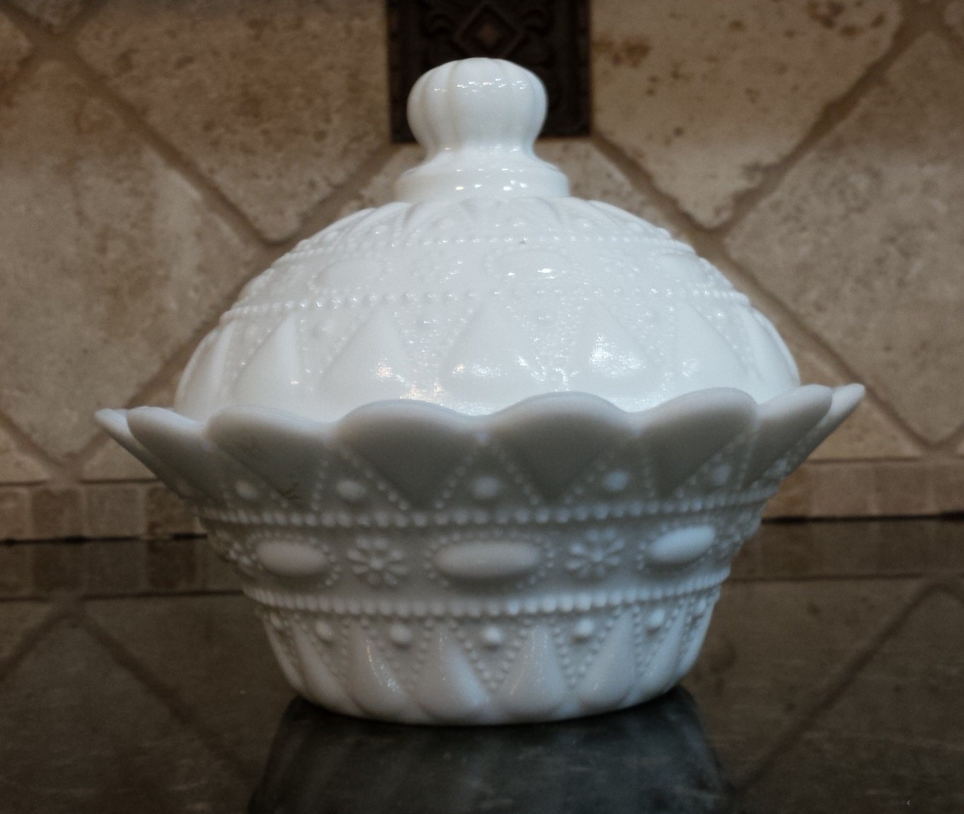 Vintage White Milk Glass Candy Dish / Butter Dish with Cover Haute Juice