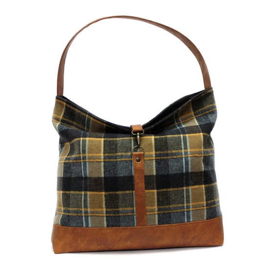 Blue Plaid Hobo Bag Slouchy Tote Bag Vegan Leather by AikoThreads