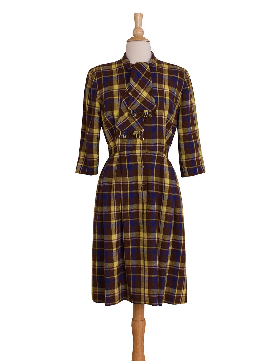 1960s Vintage Brown Blue And Yellow Plaid Day Dress Micentury 1960s Vintage Brown Blue And Yellow Plaid Day Dress Micentury