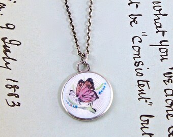 Antique Butterfly Charm Necklace, Sterling Silver & Guilloche Enamel Pendant, Good Luck Love Token, Anniversary Bridal Flower Girl Jewelry