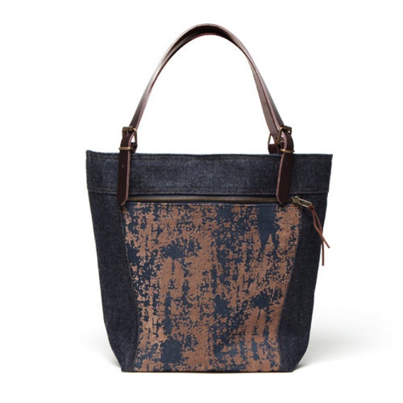 Denim Tote Bag with leather handles. Medium shopper. Blue Indigo and