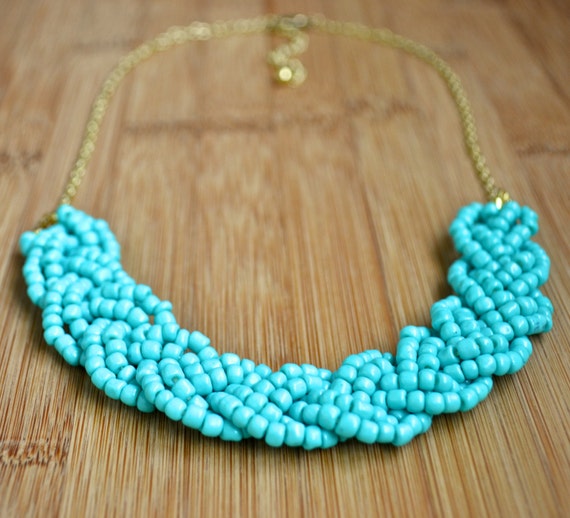Teal Beaded Braid Statement Necklace by AquaGiraffe on Etsy