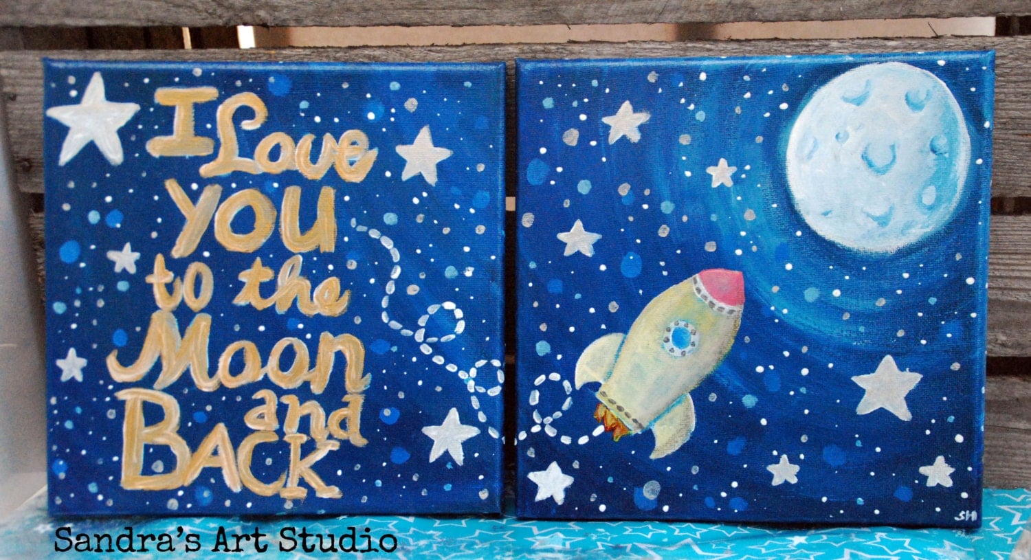 Diptych Of Two Little Paintings I Love You To The Moon And Back With A Rocket And The Moon And Stars Painting Size 7 7 8 X 7 7 8 Inch Sandra S Graphic Design