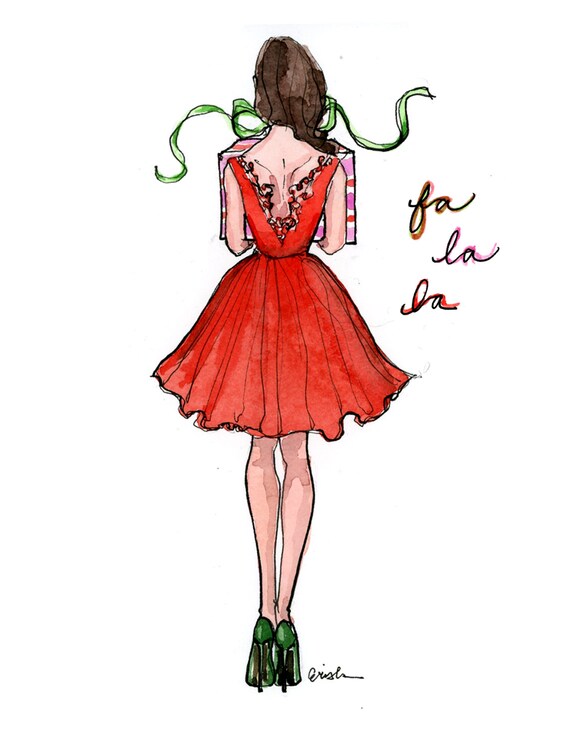 Set of Illustrated Christmas Cards: Little Red Dress