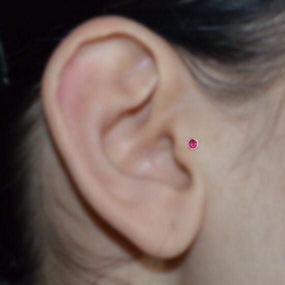 Solid Gold Tragus Stud 2mm Red Ruby - Nose Stud - Tragus Piercing - 18g Cartilage Hoop Earring - Forward Helix Earring - Tragus Earring
