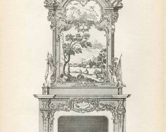Vintage Chippendale Furniture Print "Chimney Piece" Fireplace Mantle c-1938 Antique Chippendale Vintage Decor