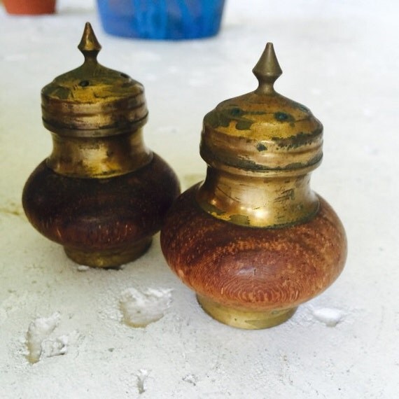 Antique Indian Wood // Brass Genie Salt Pepper by FengSway