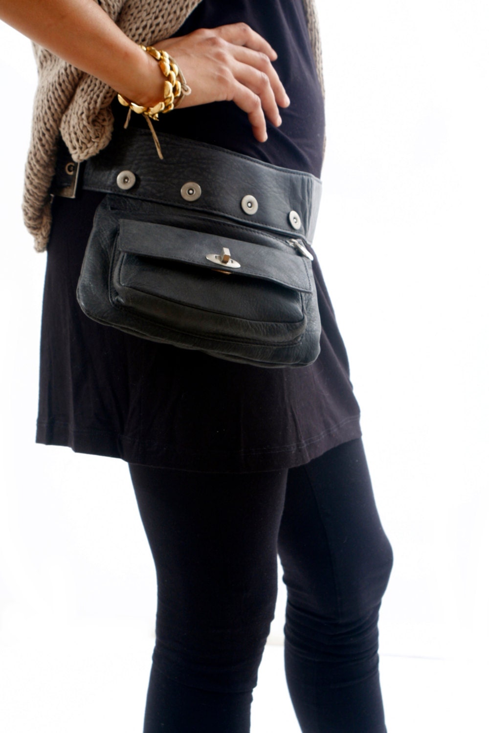 Black Leather Hip Bag Sauvage leather bum bag fanny bag