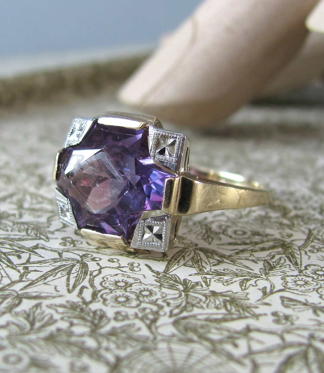 ART DECO amethyst paste gold ring statement ring by LeolaRevives