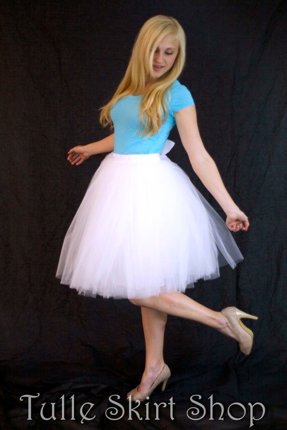 White Tulle Skirt Adult Knee Length Tutu with Ribbon Waist