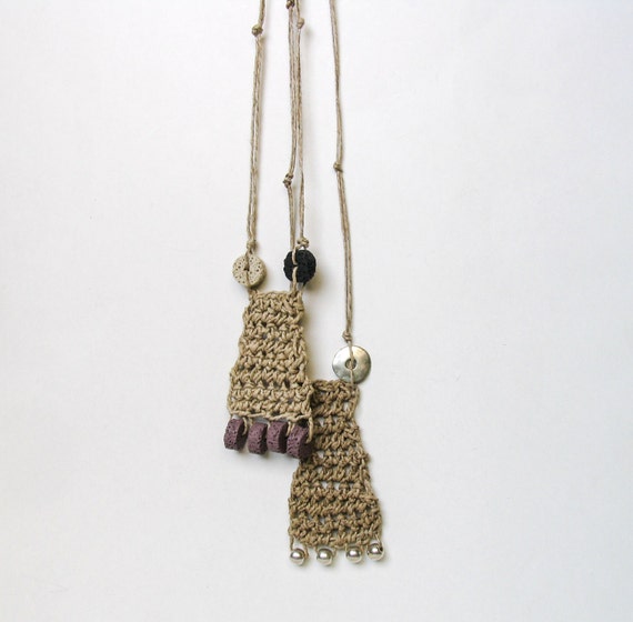 Boho beaded necklace pendant crochet hemp with lava stone and