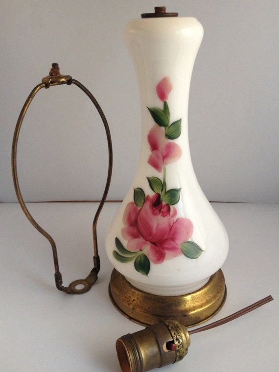 roses Vintage  Hand Lamp with Floral milk  Roses with glass Base   Lamp Glass Painted Milk  lamp