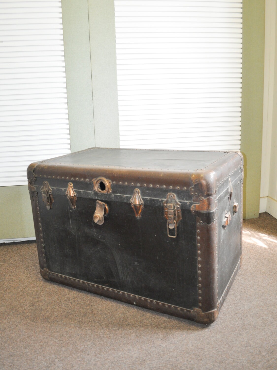 Vintage 1930s Large Wood and Metal Black Trunk Made by Bingham Trunk Co ...