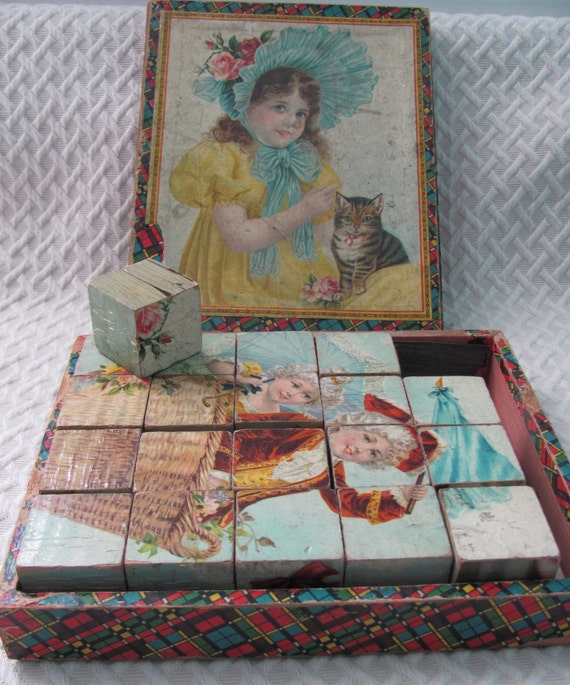 Antique Lithograph Wooden Puzzle blocks