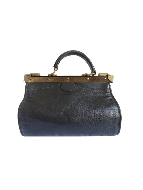 FRENCH 90s vtg black leather Doctor bag // Leather 90s PURSE