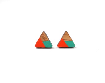 Triangle Earring Studs - Geometric Wooden Earrings - Orange & Teal Green