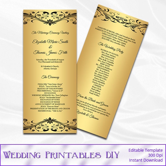 Items similar to Black and Gold Wedding Program Template, Diy Gold Foil ...