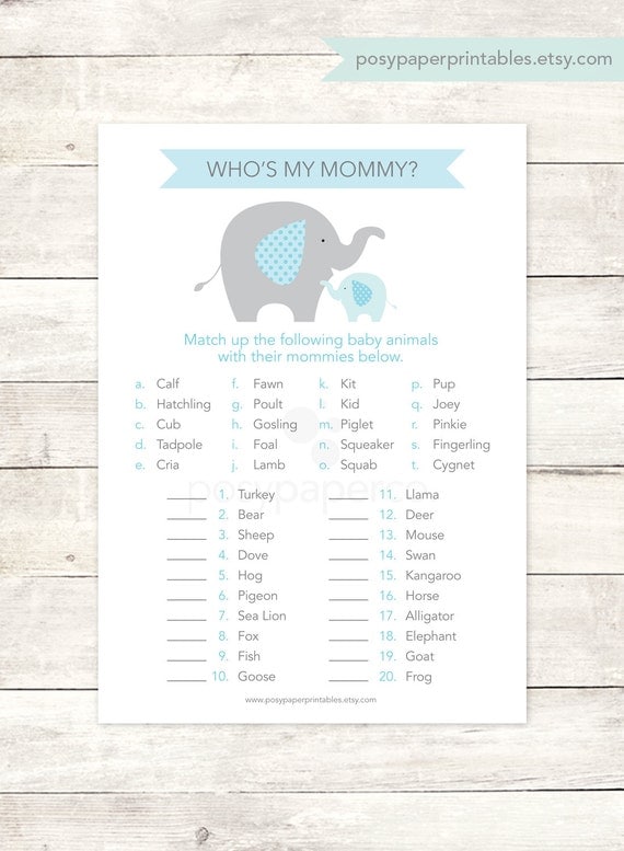 baby shower game printable elephant blue grey matching 