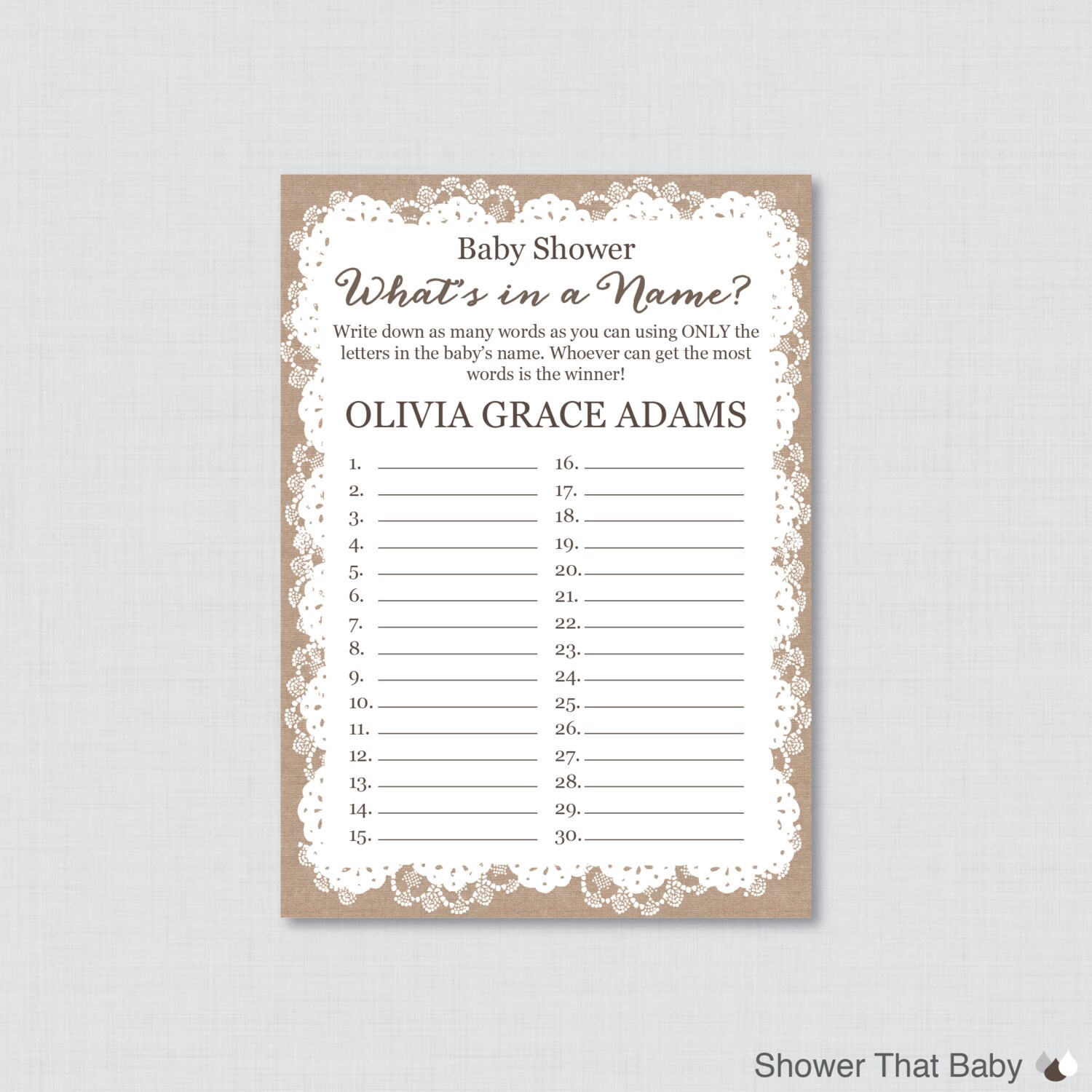 Burlap and Lace Baby Shower Name Game Printable
