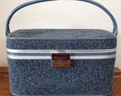 Vintage Skyway Blue Tweed Train Case - Luggage Carry-on Make Up Travel Bag