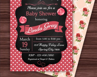 Red and Pink Roses Baby Shower Invitation, Polka Dots and Shabby Chic Pattern, Floral Birthday Party, PRINTABLE INVITATION