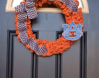 Auburn Wreath, Orange Wreath with Navy Blue Chevron Bow, Auburn Burlap Wreath,Orange Burlap Wreath