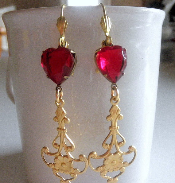 Ruby Heart Earrings  Chandelier Earrings Heart earrings  Dangle earrings Long earrings