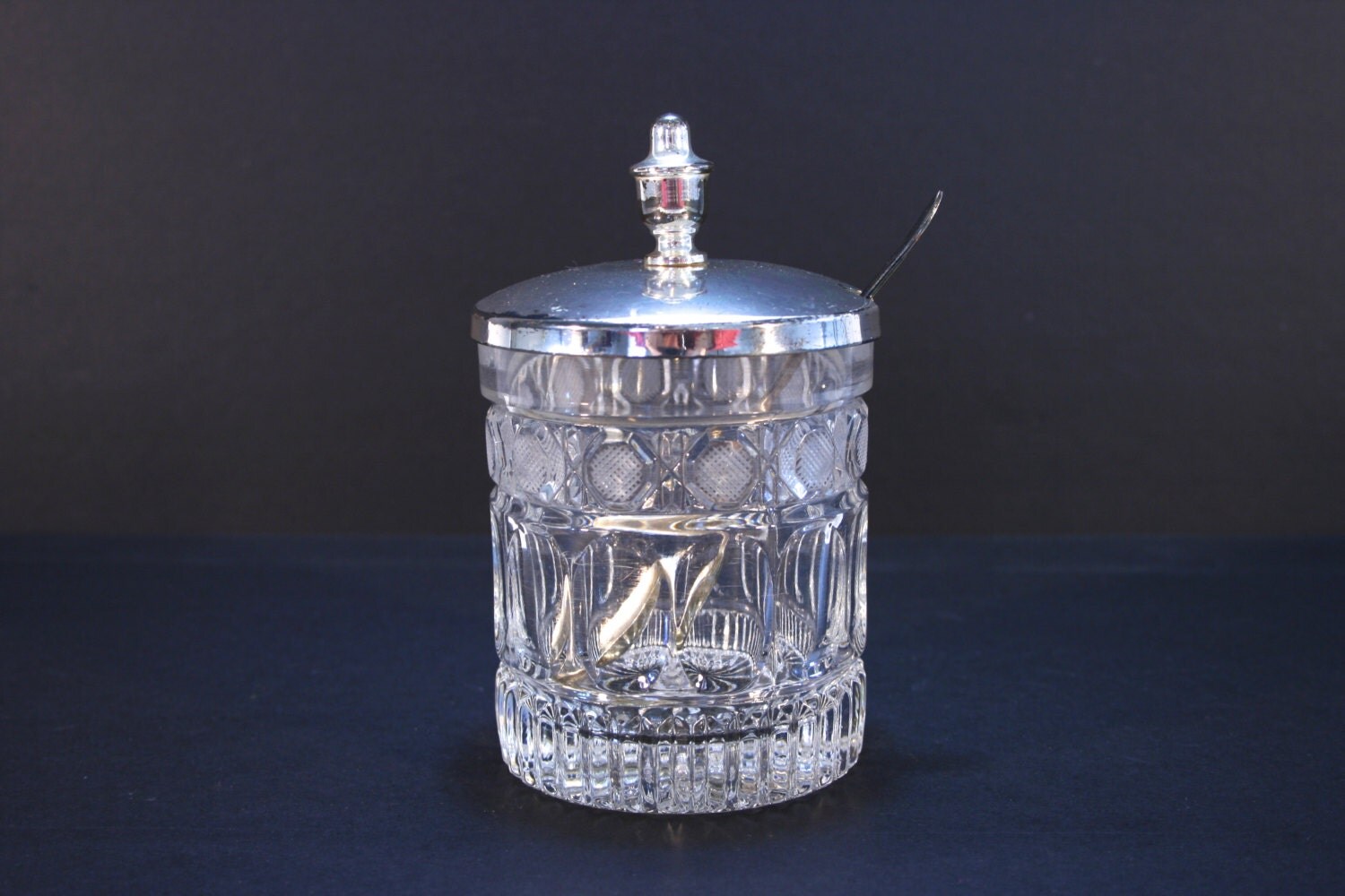 Vintage Glass Condiment Jam Jelly Sugar Jar with Silverplate Lid and