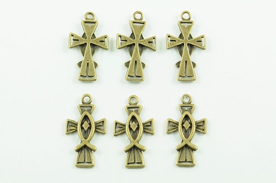 Fish Antique cross charm Pendants Ichthus Three Lot Cross of three Charm Bronze